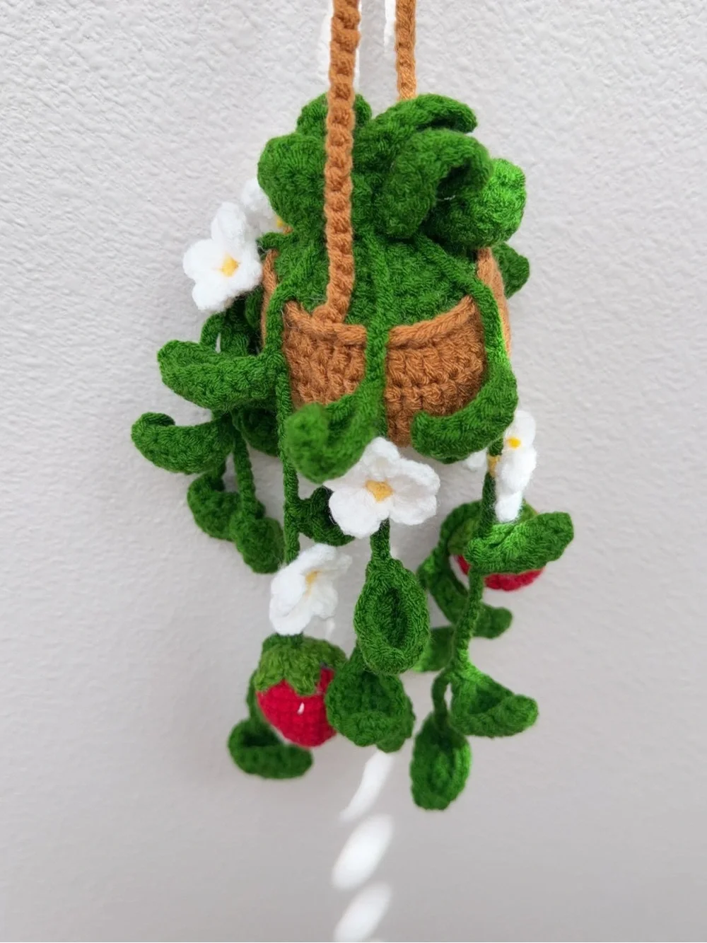 Handmade Crochet Hanging Strawberry Plant Decor - Green & Red
